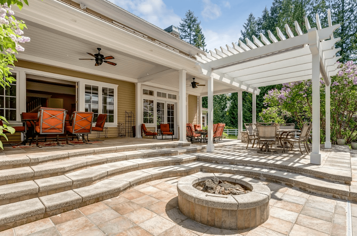 photo of a fire pit on patio with freestanding pergola - Fire features contractors in Colorado