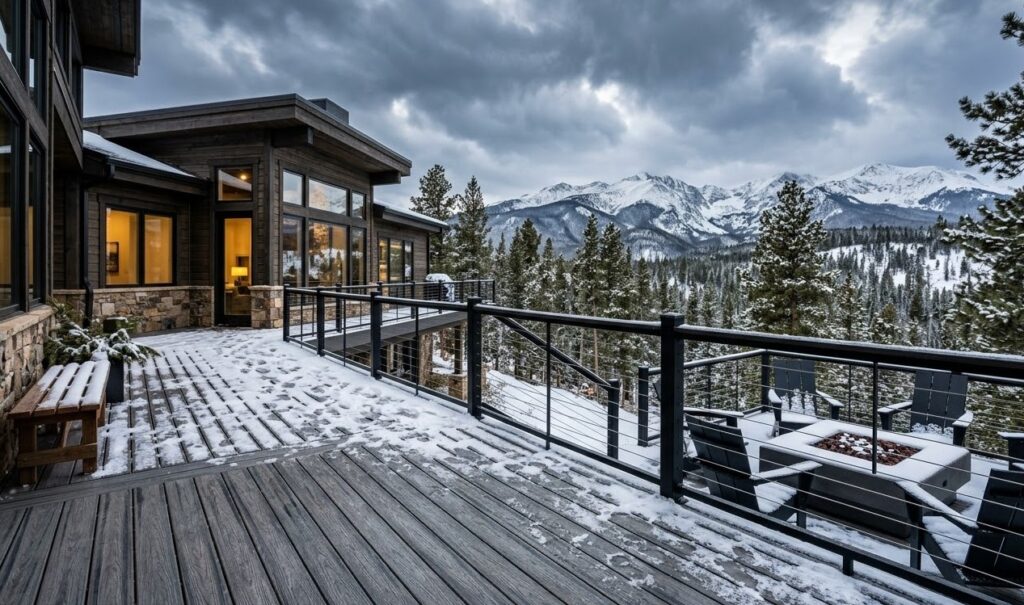 Modern composite deck with black metal railing in a snowy Colorado mountain landscape.