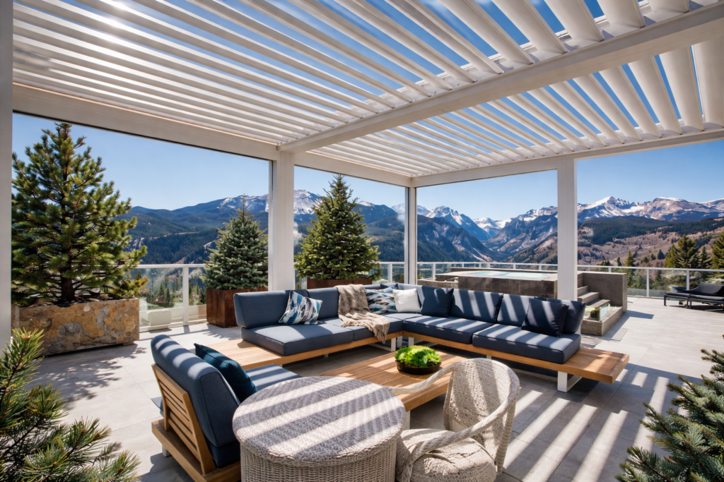 Modern outdoor deck with pergola, sectional seating, and mountain views in Colorado
