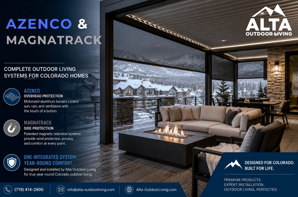 A luxury outdoor living patio in Colorado with a modern Azenco motorized pergola, closed louvers, MagnaTrack retractable screens, upscale outdoor furniture, and snowy suburban surroundings designed for year-round outdoor use.