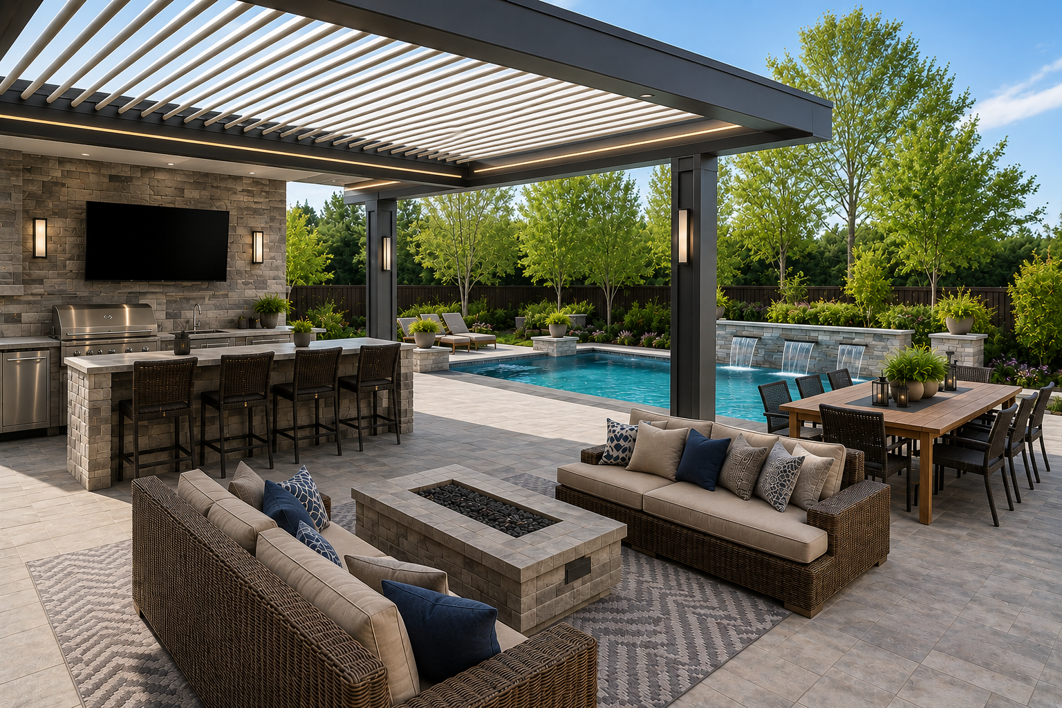 Luxury Colorado outdoor living entertainment area featuring a modern pergola, outdoor kitchen, fire pit seating, dining area, and resort-style swimming pool