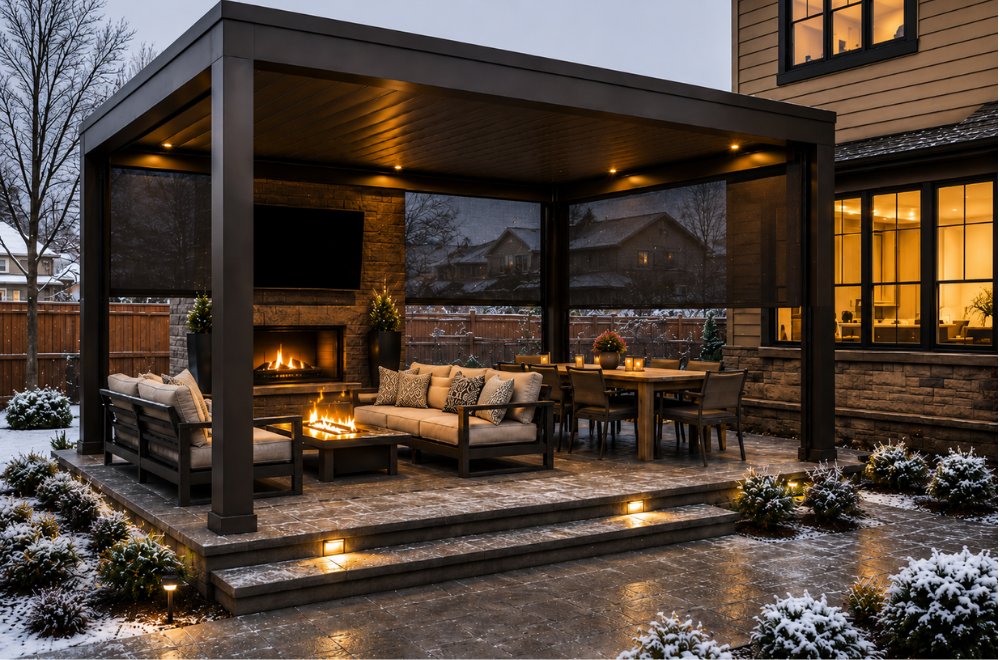 Luxury Colorado outdoor living patio with a modern aluminum pergola, fully enclosed motorized screens, fireplace, fire table, upscale outdoor furniture, and light snow in a suburban backyard designed for year-round outdoor comfort.