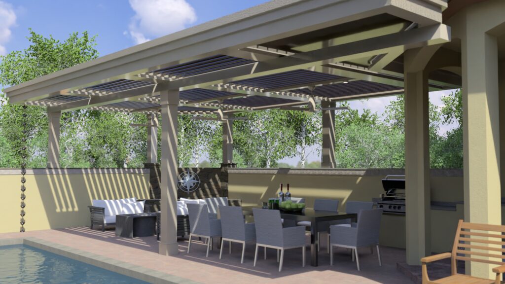 Custom poolside pergola covering an outdoor dining area, lounge seating, and built-in outdoor kitchen, creating a luxury backyard entertaining space with shade and comfort.