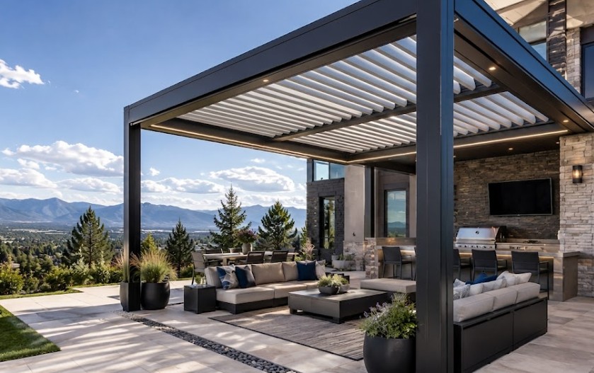 Luxury motorized louvered pergola with outdoor seating, built-in kitchen, and panoramic mountain views at a modern Colorado home.