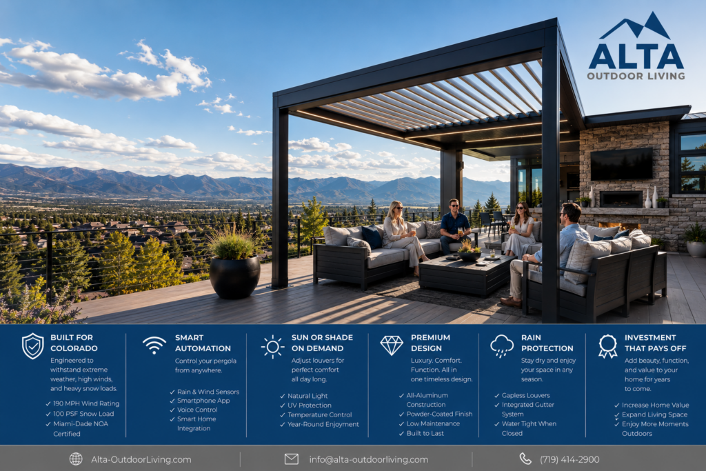 Luxury motorized aluminum pergola with adjustable louvers, outdoor lounge seating, and panoramic Colorado mountain views, featuring smart automation and weather protection.
