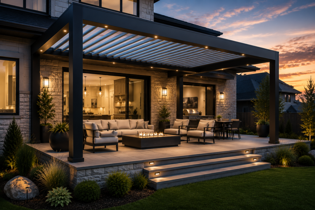 Luxury attached aluminum louvered pergola connected to a custom Colorado home, featuring outdoor lounge seating, integrated lighting, and a premium outdoor living space designed for Front Range homeowners.