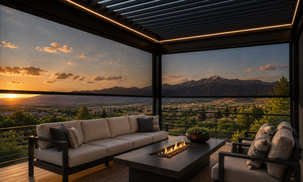Modern Azenco louvered pergola with MagnaTrack motorized screens overlooking a Colorado mountain landscape at sunset.