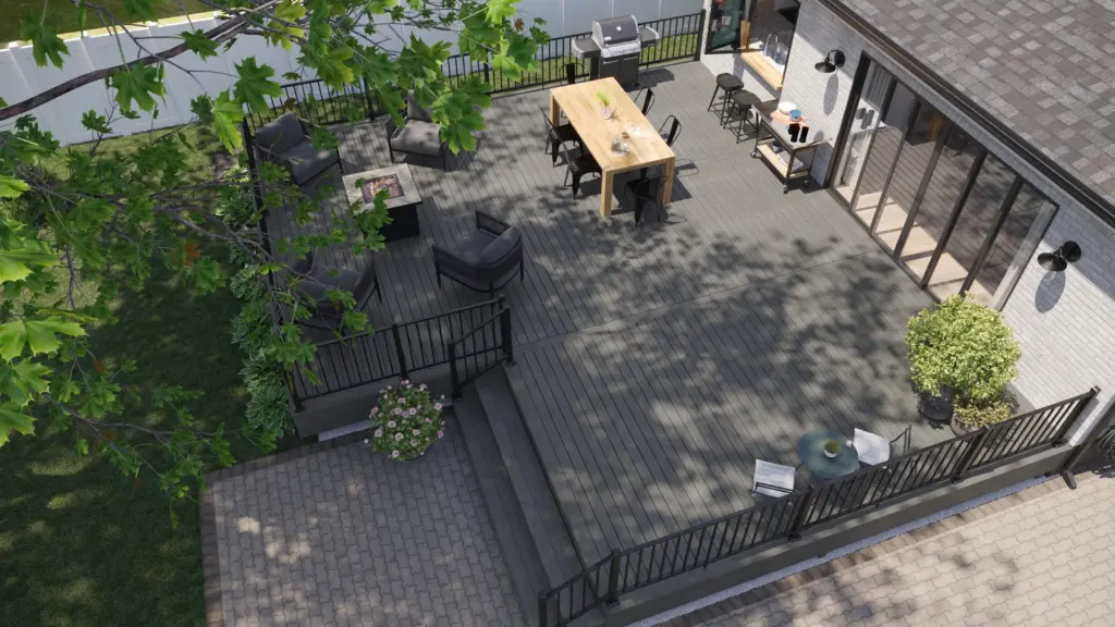 aerial-view-of-the-gray-residential-deck-with-outdoor-dining-set-area-barbecue-grill-fire-place-with-black-metal-railing-in-castle-rock-co