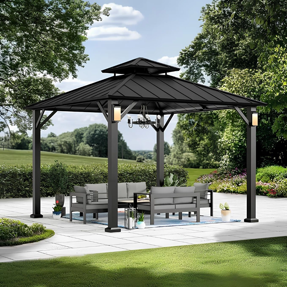 black-custom-gazebo-with-hanging-lights-and-outdoor-living-lounge-surrounded-by-greenery-in-castle-rock-co