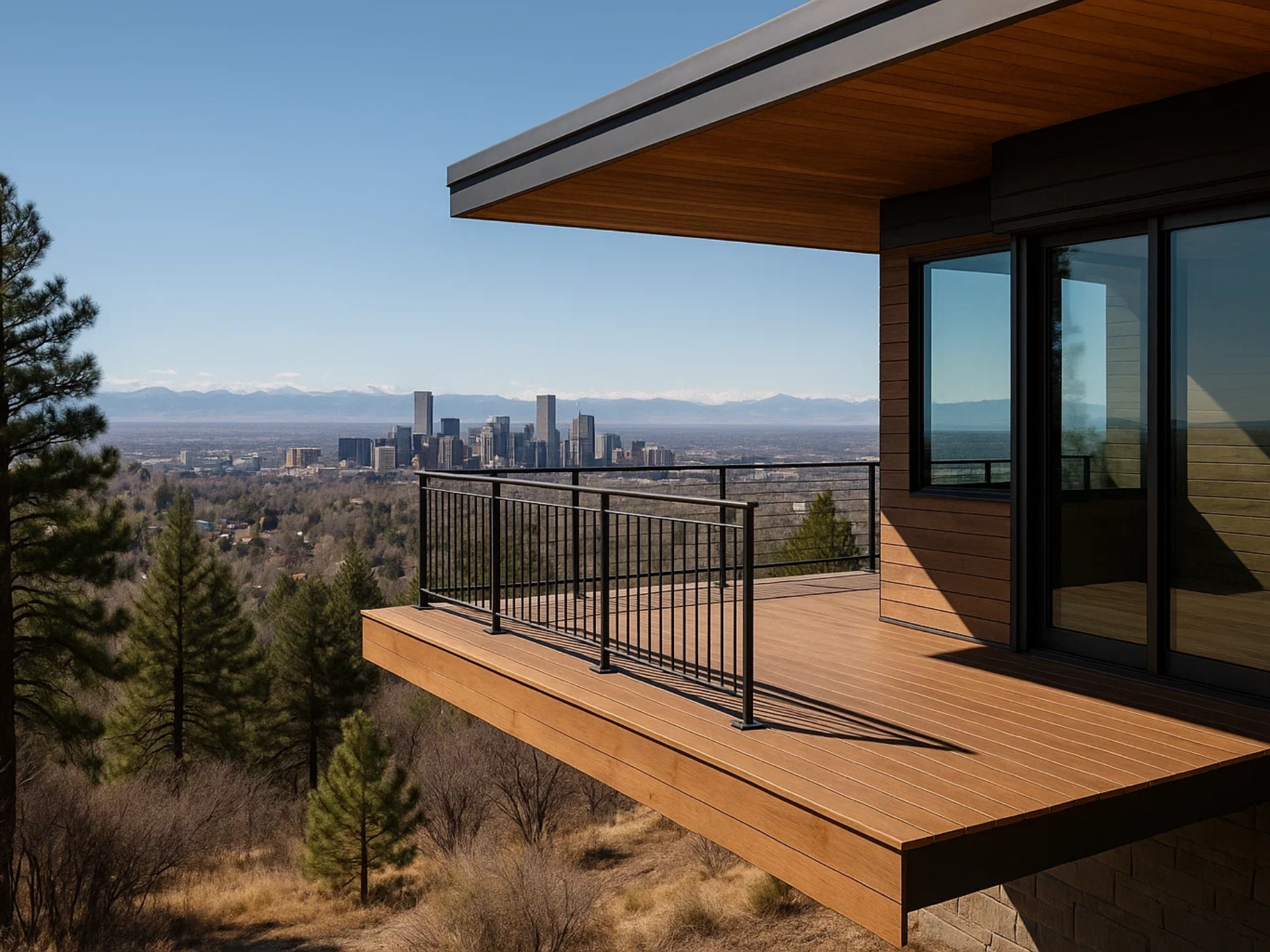 cantilevered-deck-installation-with-black-metal-railings-on-the-residential-house-with-sliding-glass-door-featuring-city-and-mountain-view-in-castle-rock-co