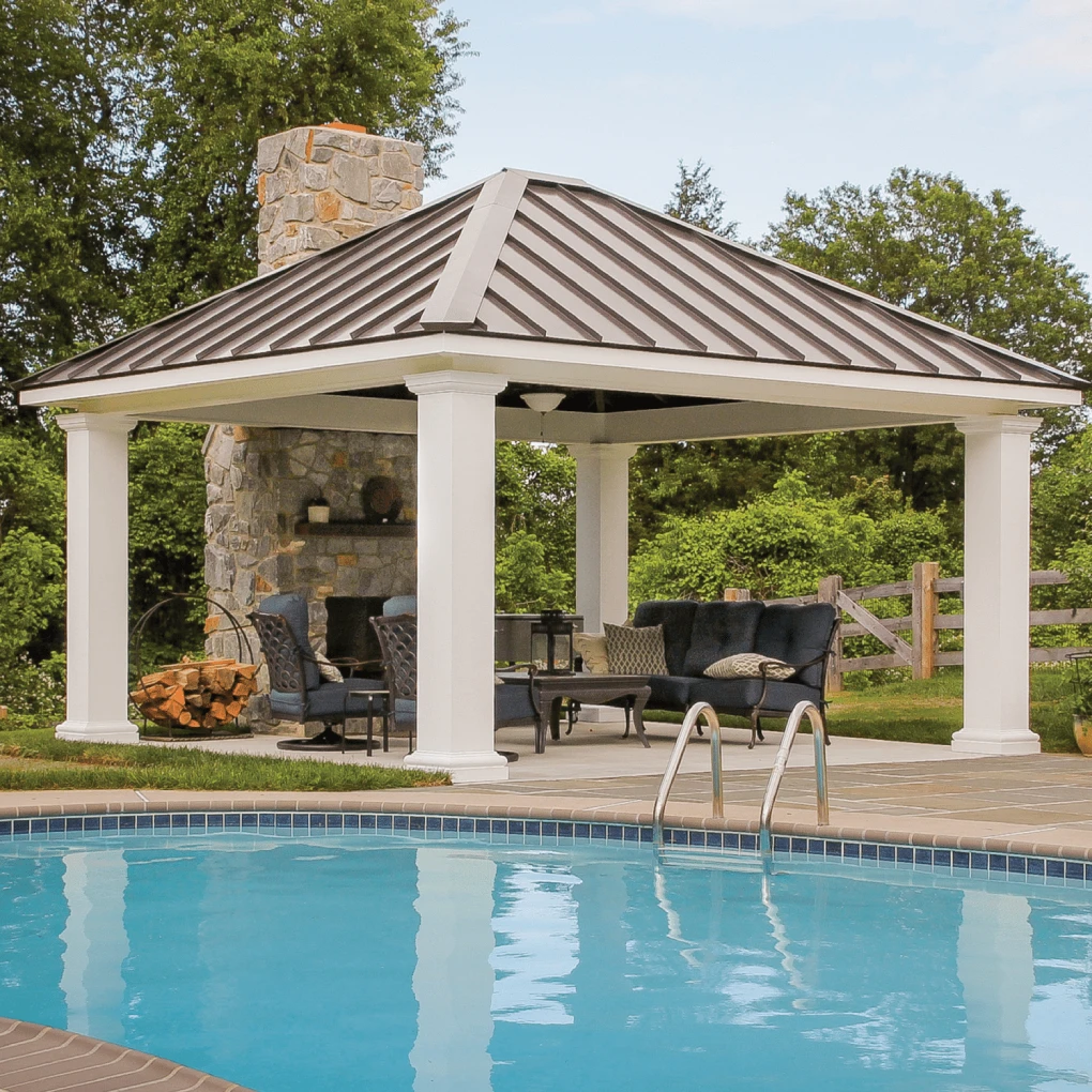 caribbean-gazebo-with-outdoor-living-lounge-and-fireplace-on-the-wall-featuring-swimming-pool-in-castle-rock-co