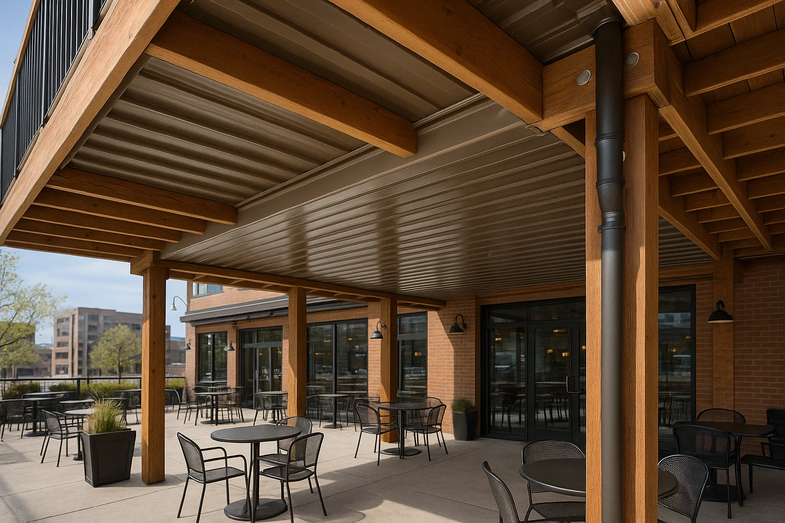 commercial-under-deck-system-in-a-restaurant-with-a-lot-of-black-tables-and-chairs-with-decorative-potted-plants-in-douglas-co