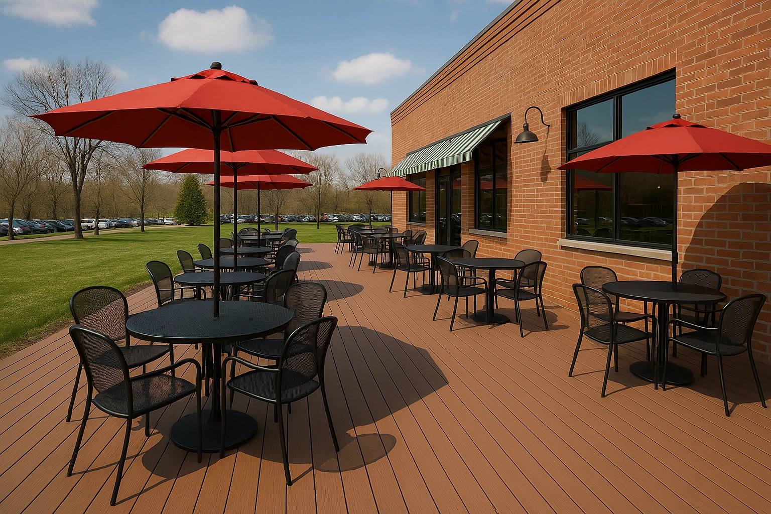 composite-commercial-decking-on-restaurant-with-multiple-black-chairs-and-table-with-red-umbrella-featuring-cars-dry-trees-and-cloudy-sky-on-the-background-in-douglas-co