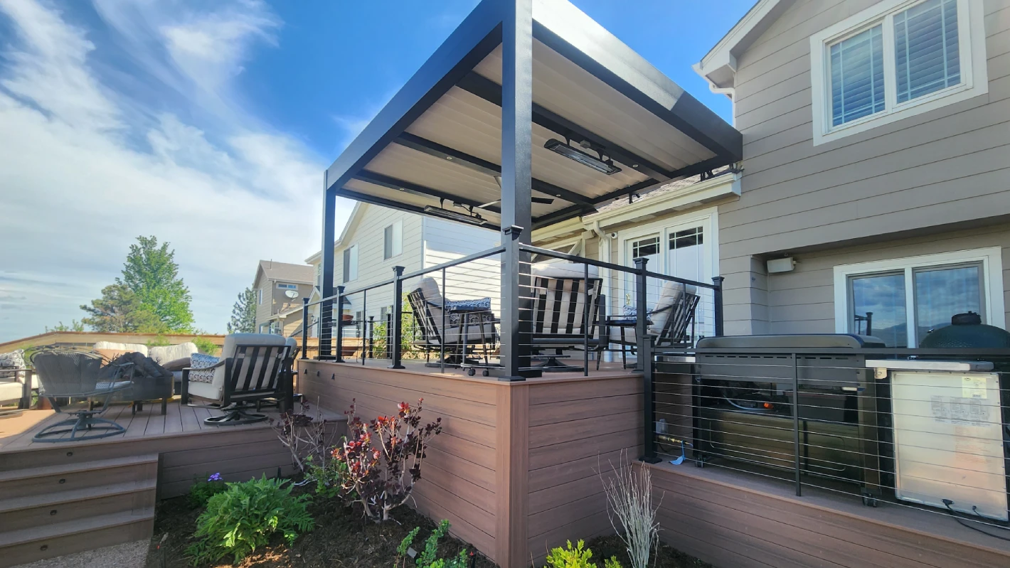 composite-commercial-multi-level-deck-with-cable-railing-and-outdoor-living-lounge-with-attached-louvered-pergola-in-castle-rock-co