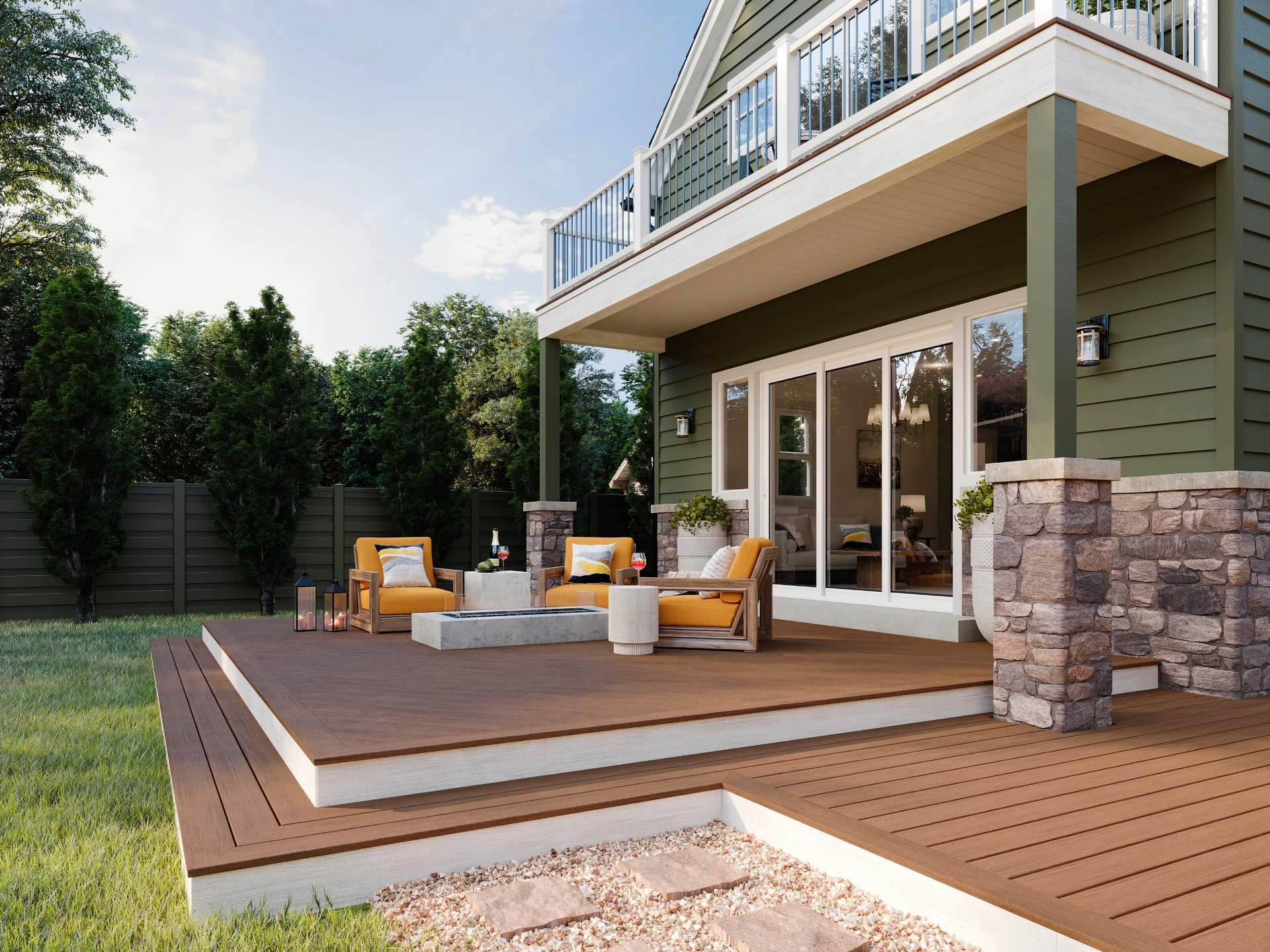 custom-deck-installation-with-outdoor-living-space-with-fire-place-on-the-residential-dark-green-house-with-sliding-glass-door-and-dark-wall-privacy-fence-in-castle-rock-co