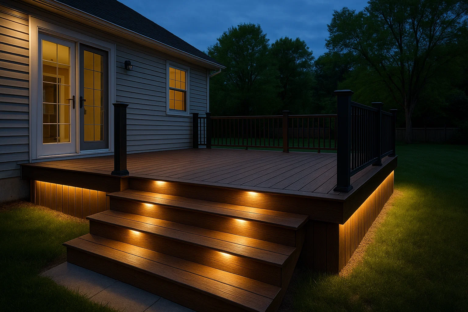 custom-deck-with-black-metal-railings-and-deck-lights-step-on-the-modern-house-featuring-big-trees-and-dawn-sky-on-the-background-in-castle-rock-co