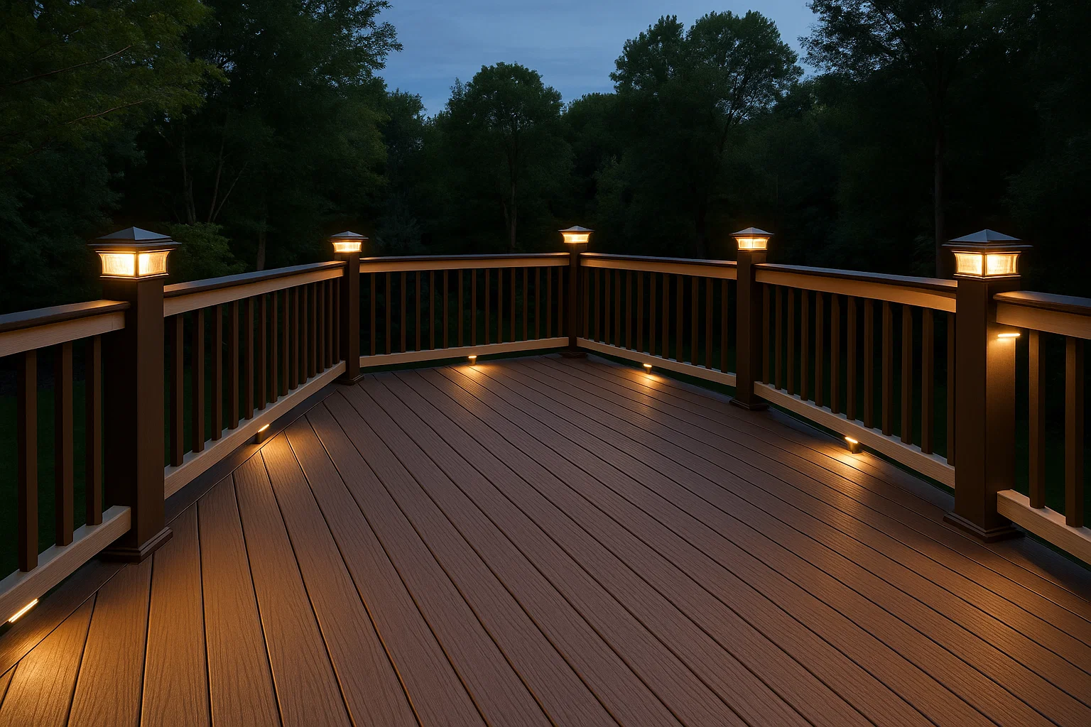 custom-residential-deck-with-post-cap-lights-railings-featuring-big-trees-on-the-background-in-castle-rock-co