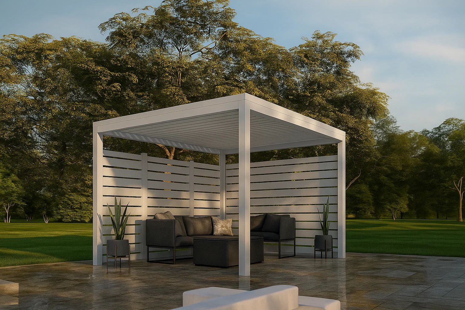 dark-theme-of-outdoor-living-sofa-under-the-white-cabana-with-privacy-screen-on-the-wet-patio-featuring-greenery-and-big-trees-on-the-background-in-castle-rock-co