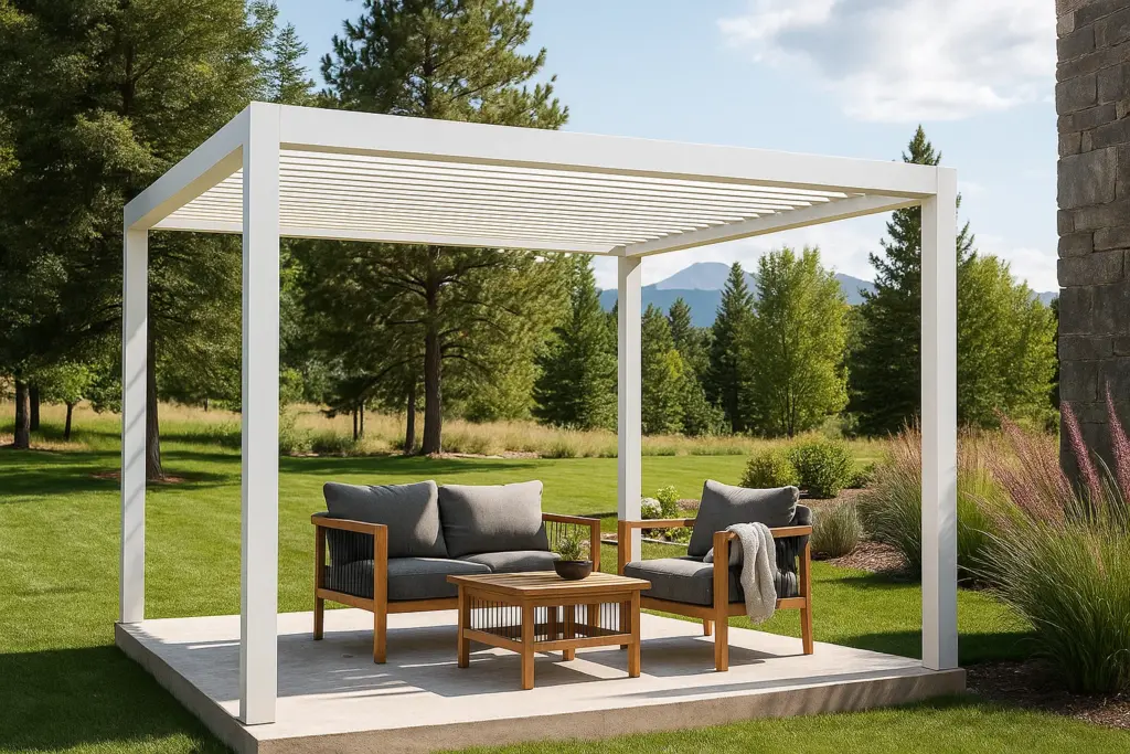 free-standing-white-cabana-with-outdoor-living-sofa-surrounded-by-grass-plants-and-trees-featuring-overlooking-mountain-view-on-the-background-in-castle-rock-co