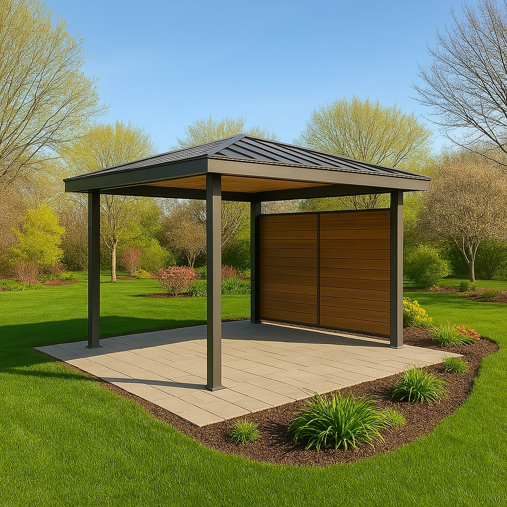 modern-gazebo-with-privacy-wall-surrounded-by-decorative-grass-and-overlooking-trees-view-in-castle-rock-co