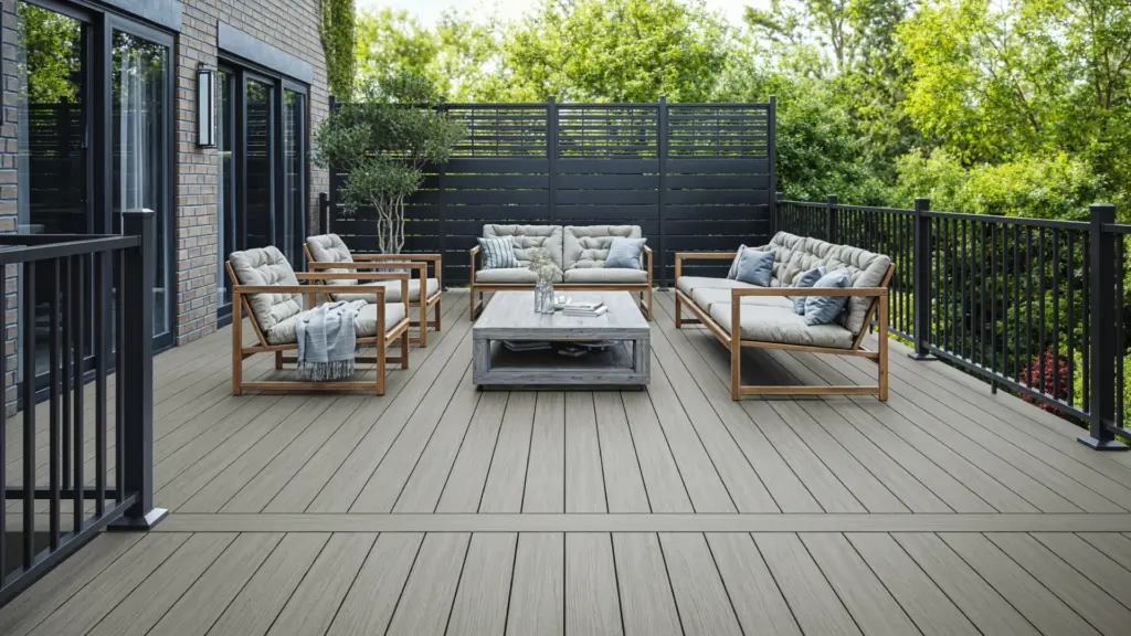 pvc-deck-with-black-metal-railings-and-black-privacy-screen-with-outdoor-living-lounge-featuring-big-trees-on-the-background-in-castle-rock-co